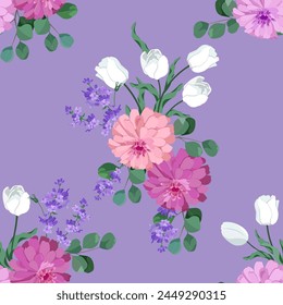 Seamless vector illustration with chrysanthemums, tulips and lavender on a lilac background. For decorating textiles and packaging.