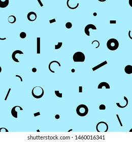 Seamless vector illustration of circular, half-round, and black dots on a blue background for use as a background or wallpaper.