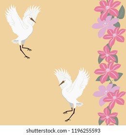 Seamless vector illustration with clematis and crane bird. For decorating textiles, packaging and wallpaper.