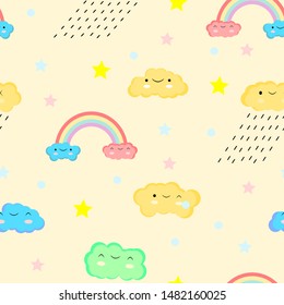 Seamless vector illustration of clouds, rain, rainbow and stars on a light yellow background