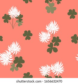 Ilustración vectorial transparente con flores trébol y hojas sobre un fondo rosado. Para decoración textil, embalaje, diseño web.