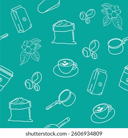 Seamless vector illustration of coffee set on cyan background
