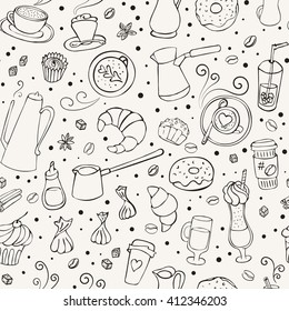 Seamless vector illustration with coffee, spices, sweets and bakery. 