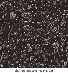 Seamless vector illustration with coffee, spices, sweets and bakery. 