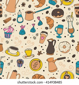 Seamless vector illustration with coffee, spices, sweets and bakery. 