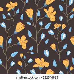 Seamless vector illustration with color decorative flowers and stylish stems
