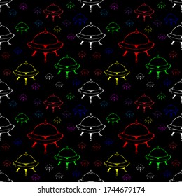 Seamless vector illustration of colorful army outline UFO or unidentified flying objects and stars on yellow background, modern pattern for making many kinds of artwork media, printing or textile