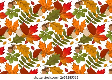 Ilustração de vetor sem costura de folhas de outono coloridas, bolotas e cogumelos criando um padrão de queda vibrante. Perfeito para projetos sazonais e projetos artísticos, capturando a essência do outono.