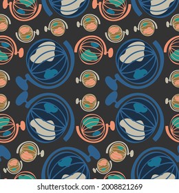 Seamless vector illustration colorful pattern design of a school globe in dark tones. The design is perfect for backgrounds, wrapping paper, packaging, advertisements.