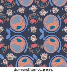 Seamless vector illustration colorful pattern design of a school globe in dark tones. The design is perfect for backgrounds, wrapping paper, packaging, advertisements.
