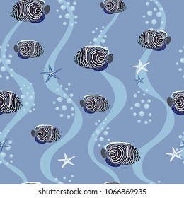 Seamless vector illustration with colorful tropical fishes imperial angel on blue background. For decorating textiles, packaging and wallpaper.