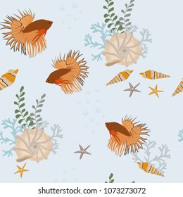 Seamless vector illustration with colorful tropical fish, seaweed and seashells on a blue background. For decorating textiles, packaging and wallpaper.