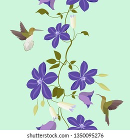 Seamless vector illustration with colors of clematis and hummingbirds. For decorating textiles, packaging and wallpaper. Vertical.