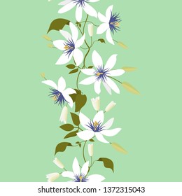 Seamless vector illustration with colors of clematis on a green background. For decorating textiles, packaging and wallpaper. Vertical.