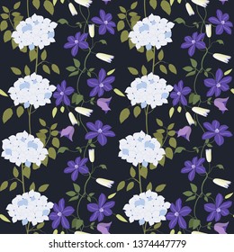 Seamless vector illustration with colors of clematis and hortensia on a black background. For decorating textiles, packaging and wallpaper.