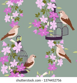 Seamless vector illustration with colors of clematis and birds with cage on a grey background. For decorating textiles, packaging and wallpaper.