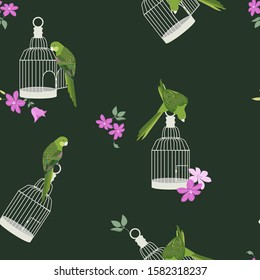 Seamless vector illustration with colors of clematis and parrots with cage on a dark background. For decorating textiles, packaging and wallpaper.