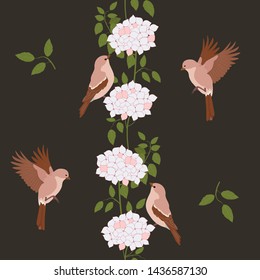 Seamless vector illustration with colors of hortensia and birds on a black background. For decorating textiles, packaging and wallpaper.