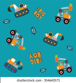 Seamless vector illustration. Construction Machines - Excavator. T-Shirt Design for children. Design elements for kids.