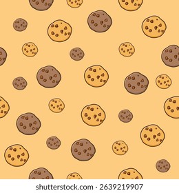 Seamless vector illustration of cookies with choco chips on brown background