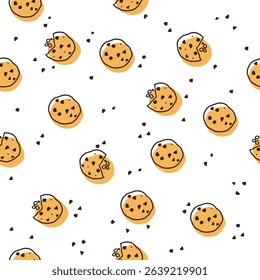 Seamless vector illustration of cookies with chocolate chips sprinkled on white background