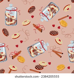 Seamless vector illustration. Cookies in a jar, cinnamon and an orange slice. For textile decoration, packaging, web design.