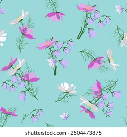 Seamless vector illustration with cosmea and campanula on a turquoise background. To decorate textiles, packaging.