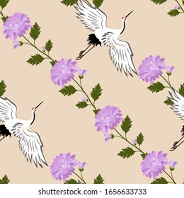 Seamless vector illustration with cranes and chrysanthemum birds on a beige background. For decoration of textiles, packaging, wallpaper, web design.