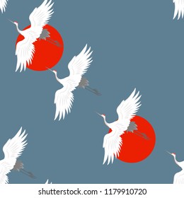 Seamless vector illustration with cranes in Japanese style. For decoration of textiles, packaging, cover, wallpaper.