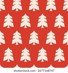 Ilustración vectorial sin fisuras con pinos crema sobre fondo rojo brillante en estilo plano mínimo para la decoración de Navidad, textiles y papel de regalo.