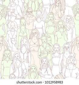Seamless  Vector illustration of crowd of women. Hand drawn background
