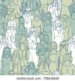 Seamless  Vector illustration of crowd of women. Hand drawn background