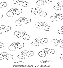 Seamless Vector Illustration of Cute Black and White Clouds and Rainbows on White Background