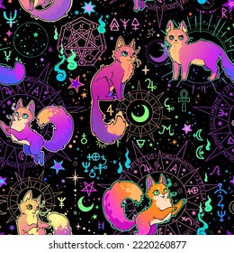 Seamless vector illustration of cute cartoon cats and magic symbols