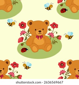 seamless vector illustration cute cartoon teddy bear with red flowers, bee and ladybird  a joyful animal set for baby or child design wallpaper, textiles, bedding, background, packaging or any design