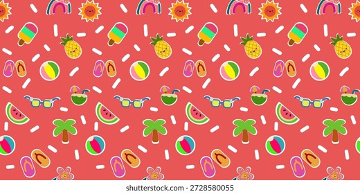 Seamless vector illustration, cute cartoon design, perfect for summer and beach trips, suitable for summer fabric patterns, and adorable dolls for children.