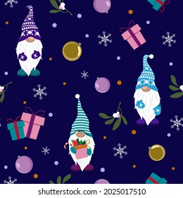Seamless vector illustration with cute Christmas gnomes on a dark blue background. For decorating textiles, packaging, wallpaper.