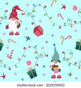 Ilustración vectorial sin inconveniente con lindos gnomos de Navidad en un fondo azul. Para decorar textiles, embalajes, papel pintado.