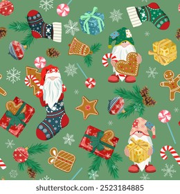 Seamless vector illustration with cute Christmas gnomes on a green background. For decorating textiles, packaging, wallpaper.