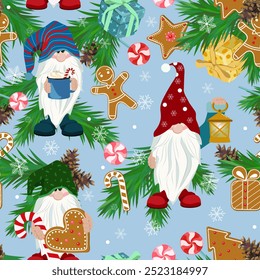 Seamless vector illustration with cute Christmas gnomes on a blue background. For decorating textiles, packaging, wallpaper.