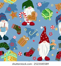 Seamless vector illustration with cute Christmas gnomes on a blue background. For decorating textiles, packaging, wallpaper.
