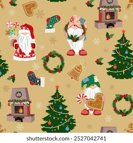 Seamless vector illustration with cute Christmas gnomes on a beige background. For decorating textiles, packaging, wallpaper.