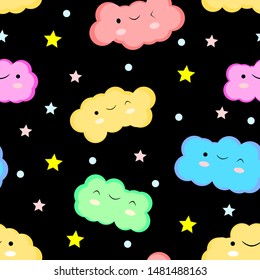 Seamless vector illustration of cute cloud pastel colors on a black background, 
For a background or website design