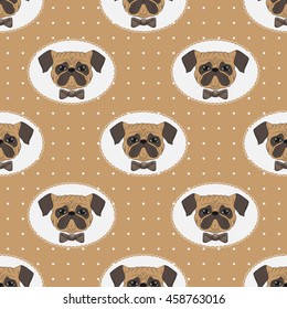 Seamless vector illustration with cute dog breed pug in a tie in a frame on polka dot background