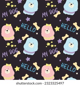 Seamless vector illustration. Cute doggies with the words My dog and Hello. Repeating pattern with pets on dark background for printing on fabric digital gift paper and wallpaper. Baby seamless vector