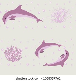 Seamless vector illustration with cute dolphins and corals. For decorating textiles, packaging, web design.