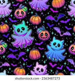 Seamless vector illustration of cute ghosts and Halloween pumpkins