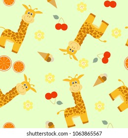 Seamless vector illustration with cute giraffes and fruits on a yellow background. For decorating fabrics, packaging and wallpaper.