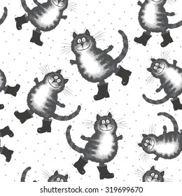 Seamless vector illustration with cute hand drawing cartoon cat and  riding boots
