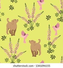 Seamless vector illustration with cute puppy, with birds and flowers on a yellow background. For decoration of textiles, packaging, wallpaper, web design.
